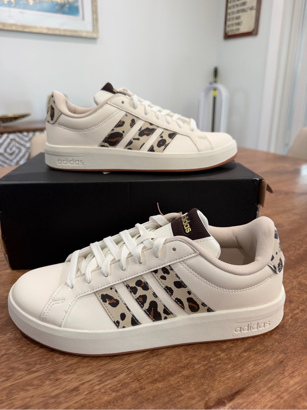 Adidas Women’s Grand Court 3.0 J Cream Leopard-Accent Low Top Sneakers